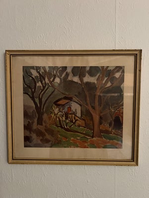 Akvarel, motiv: Landskab, b: 33 h: 29, Super fint akvarel af et hus i skoven i dejlige farver. Den h