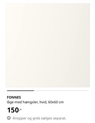 Skabslåge, Ikea , b: 60 h: 60, Hvid låge med hængsler der passer til Platsa Ikea skab 60x60. 
Ny pri