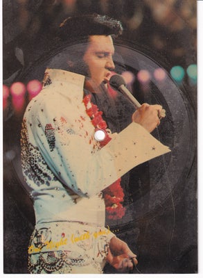 Postkort, Elvis plade, Elvis Presley postkort, med 33 rpm melodi på forsiden; One Night With You.
De