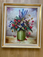 Oliemaleri, H. Hansen, motiv: Blomster i grøn vase