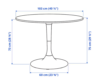 Spisebord, b: 103, IKEA DOCKSTA Bord | Round White table

Height :  75 cm
Diameter :  103 cm

There 