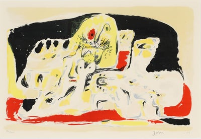 Litografi, Asger Jorn, motiv: troldhøj, b: 70 h: 48, Signeret : Jorn 55 , 90/200. Indrammet i guldra
