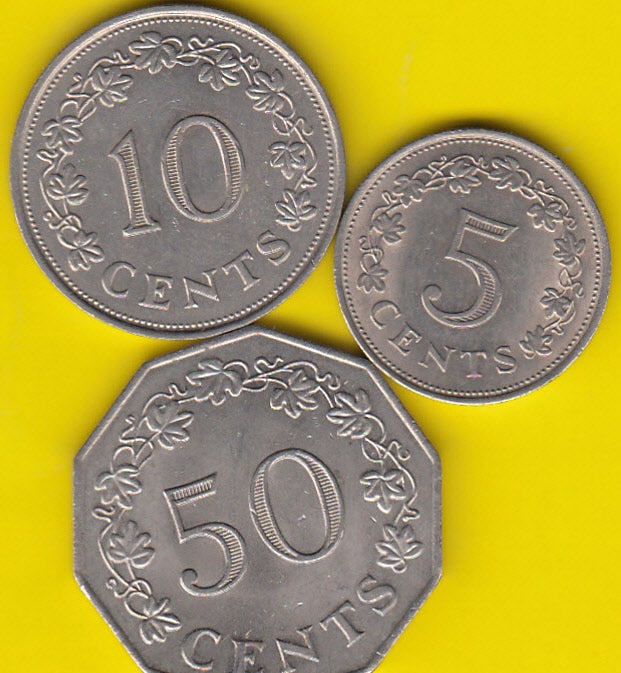 Vesteuropa, mønter, (704) Malta 5+10+50 Cent