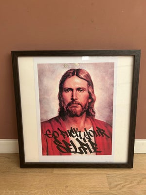 Plakat i ramme, motiv: Jesus med statement, b: 44 h: 45, Fed plakat med Jesus og statement “go fuck 