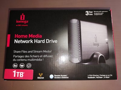 Iomega Home Media Network Hard drive, 1000 GB, Perfekt, 
Ekstern harddisk til at dele filer på nette