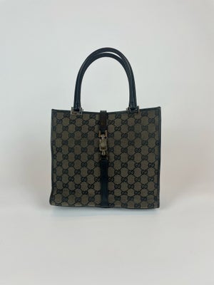 Festtaske, Gucci, kanvas, Gucci håndtaske med gg monogram i sort læder og kanvas. 

Stand
Indeni: me