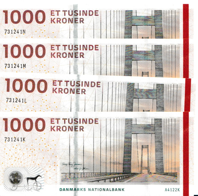 Danmark, sedler, 4 flotte 1000 kr. sedler
Fortløbende numre