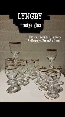 Glas, Måge glas, Lyngby, Lyngby, måge glas 
11 stk sherry / likør 9,5 x 5 cm
6 stk snaps / dram 8 x 