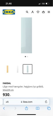 Garderobeskab, FARDAL Ikea Pax , b: 50 h: 229, 4 stk FARDAL
Låger, højglans lys gråblå.
Passer til I