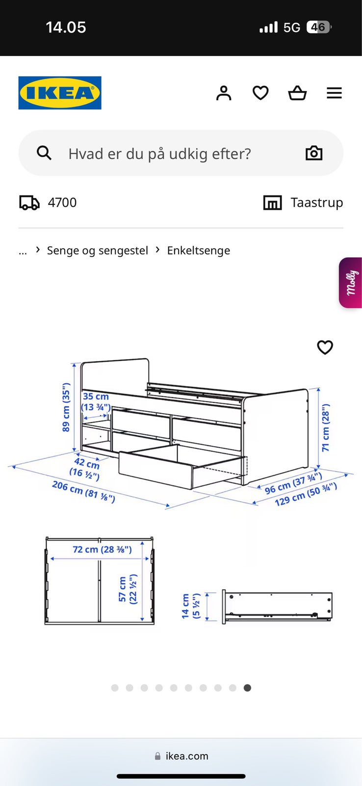 Enkeltseng, Ikea, b: 96 l: 206 h: 89