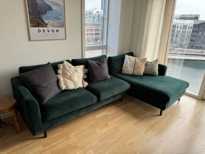 Sofa, velour, 3 pers., Green velour sofa
Can be separated 
Decorative cushions not included 
Deliver