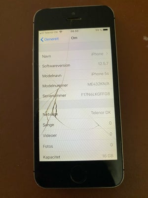 iPhone 5S, 16 GB, sort, Rimelig, Den fungere som den skal
Tros skaden på skærm