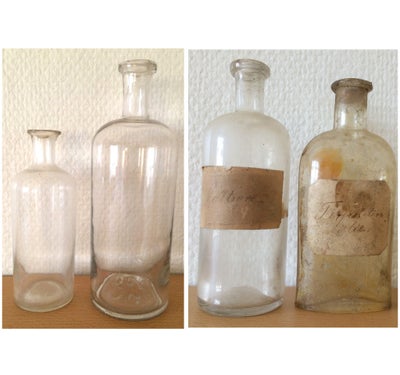 Flasker, Gamle medicin flasker., 2 rengjorte og 2 snavsede med etiketter. (står 125 og 300 i bunden 