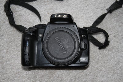 Canon, 400D, spejlrefleks, 10 megapixels, God, Kamerahus 
med lader og batteri 