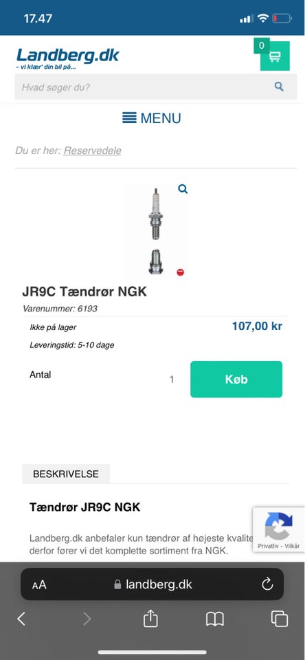 NGK 6193 JR9C Tændrør