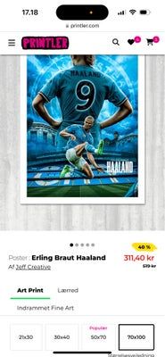 Plakat, Fodbold plakat, motiv: Haaland, b: 70 h: 100, Med hvid kant i 5 cm. 
Hængt oppe i 4 mdr. 
so