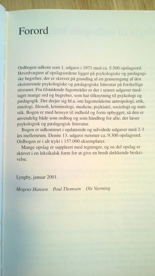 Psykologisk pædagogisk ordbog, Mogens Hansen, emne: