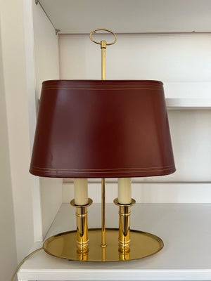 Skrivebordslampe, Buillotte, Fransk Bouillotte lampe i messing med 2 kertepærer. Skærm i Bordeaux me