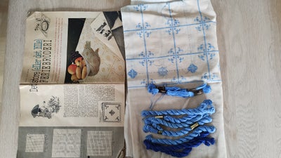 Broderi, Påbegyndt broderi med garn og mønster fra Alt for damerne 1962, samt 7 mørkeblå og lyseblå 