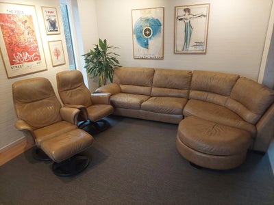 Sofagruppe, læder, Lædersofa fra 2006 med chaiselong og to lænestole i natuzzi læder.
