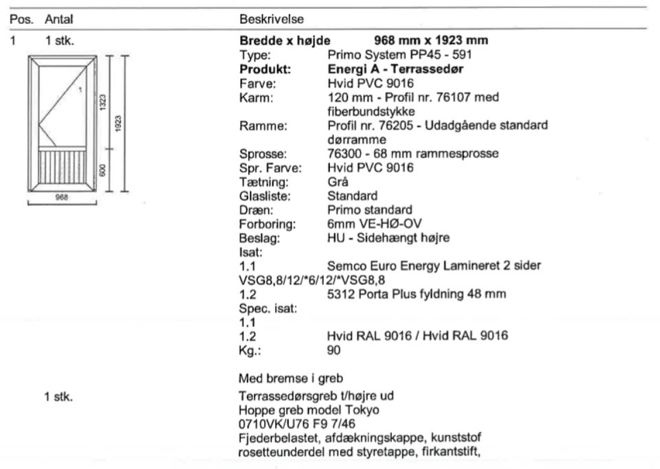 Terrassedør, plast, b: 97 h: 192