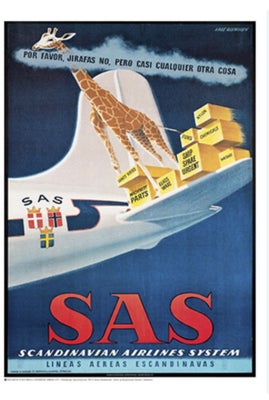 Plakat, b: 62 h: 100, Fed retro plakat af Aage Rasmussen. 
Reklame for sas. Giraf på flyvinge. 
Har 