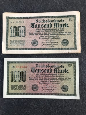 Vesteuropa, sedler, 1000 Mark, 1922, Et lot på 50 stk tyske reichsbanknote 1000 mark, 1922 

Et rigt