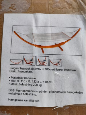 Hængekøje, Aldrig pakket ud. Hængekøje stativ i lærketræ. Nypris 1295.

Vores hjem er røg- og dyrefr