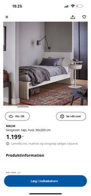Enkeltseng, Ikea Malm med skuffe og lamelbund, Ikea malm seng med 2 skuffer og lamelbund.
Sælges bil