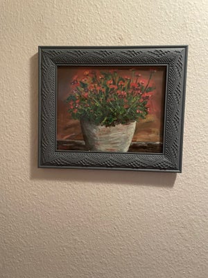 Akrylmaleri, Janet christiansen, motiv: Blomster/Have, b: 32,5 h: 39, Billede med blomstermotiv. Ram