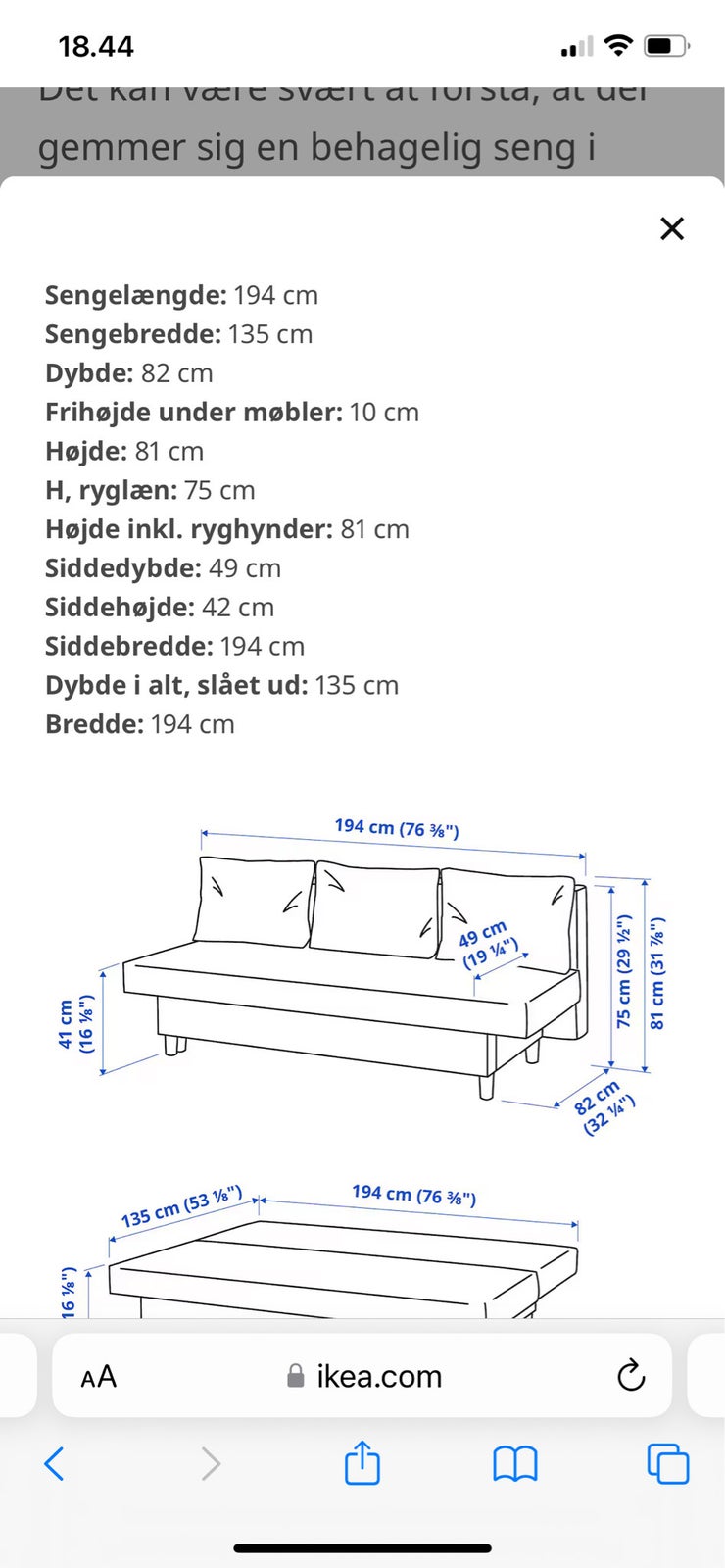 Sovesofa, IKEA, b: 130 l: 191 h: 41