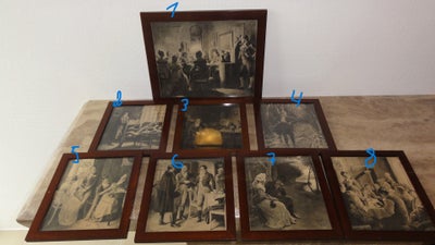 Billeder, Historiske billeder/ fotografier, Med tekster bag
i glas og brune rammer trærammer.
Nr. 1: