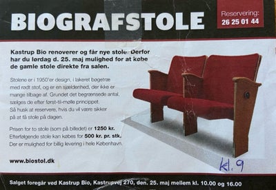 Biografstole, 4 stk velholdte biograf stole fra Kastrup bio med god siddekomfort sælges helst samlet