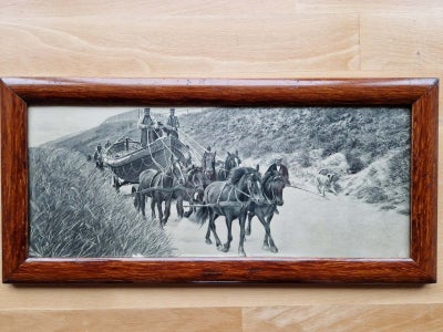 Billede i Mahogniramme, Antikt billede i ramme., Antikt billede , motiv, Hestetrukken skib i intakt 