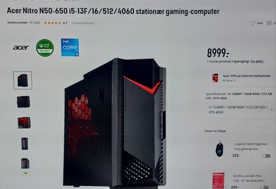 Acer, Nitro N50-650, 2.5 Ghz, 16 GB ram, 512 GB harddisk, Perfekt, Har denne super gode Gamer Pc sta