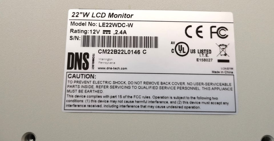 DNS, fladskærm, LE22WDC-W 12 V DC