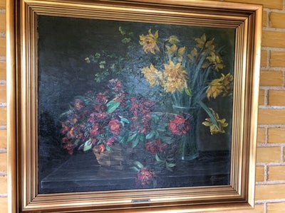 Oliemaleri, Emmy Thornam, motiv: Blomster/Have, stil: Stilleben, b: 61 h: 51, Smukt maleri med røde 