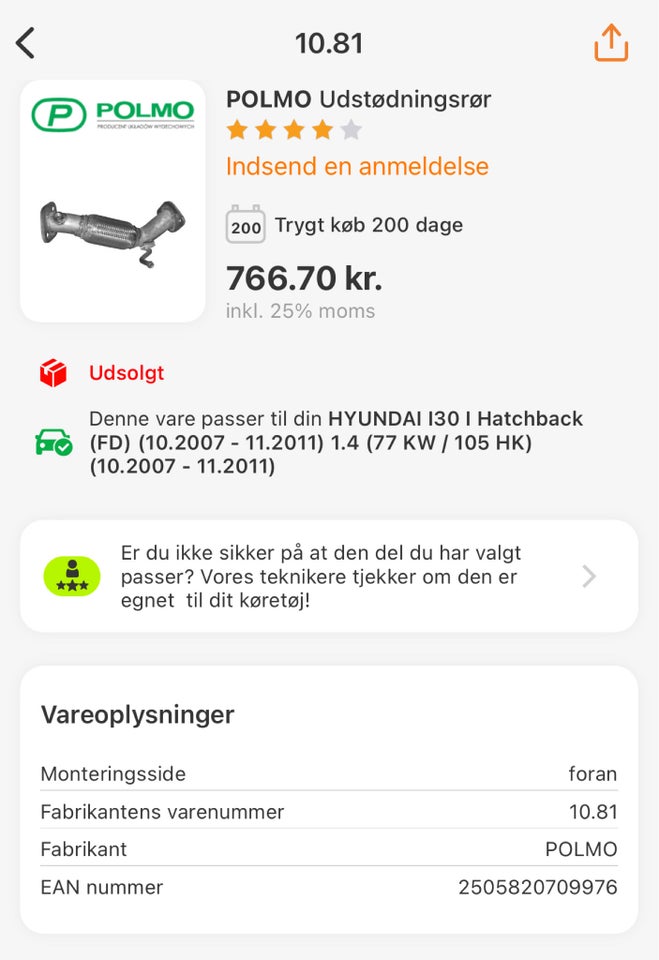 Udstødning, Hyundai I30, årg. 2007