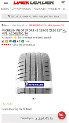 Sommerdæk, Michelin, 235 / 35 / R20, 5 mm.  mønster, 4 stk dæk til en Tesla Model 3 Perfomance

Har 