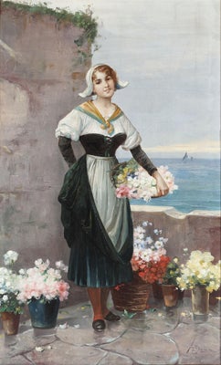 Oliemaleri, Josef Suss/Austrian, 1857-1937, motiv: Blomster/Have, stil: Stilleben, b: 50,5 h: 82, En