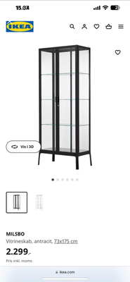 Vitrineskab, Ikea, b: 73 h: 175, Ikea milsbo vitrineskab i sort. Fremstår pænt. Glashylder er taget 