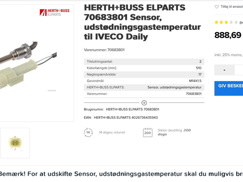 Udstødning, Temp sensor, andet bilmærke Iveco