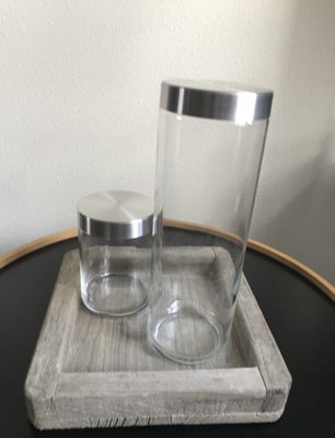 Glas, Opbevaringsglas, Fine kvalitetsopbevaringsglas med låg i børstet stål sælges.
Fremstår i fin s