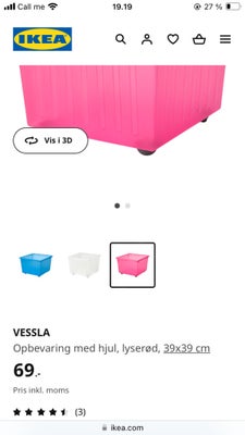 Opbevaring, VESSLA, IKEA, 4 lyserøde kasser med hjul og låg fra Ikea. 
Nypris 400kr. 
Som ny. 

Kun 