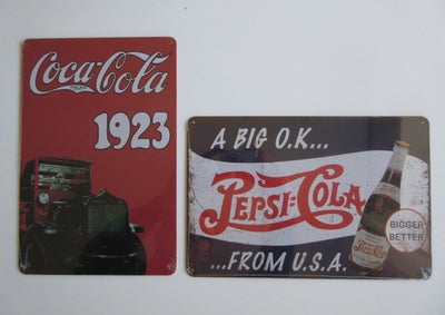 Coca Cola og Pepsi reklameskilte, Coca Cola og Pepsi Cola retro reklame metalskilte / emaljeskilte, 