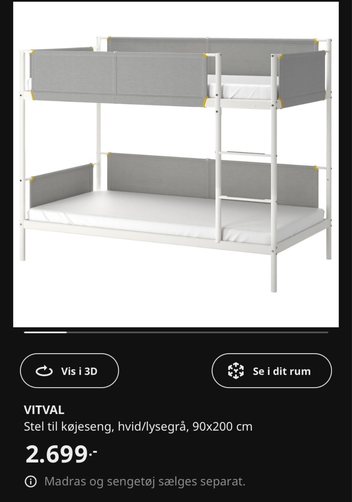 Køjeseng, IKEA Vitval, b: 97 l: 207 h: 126