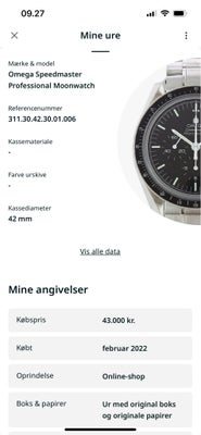 Herreur, Omega, Omega Speedmaster Professional Moonwatch 
Stand: 9/10
År: 2019
Med original boks og 