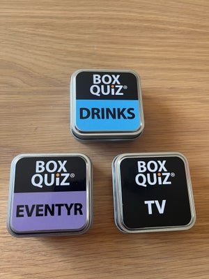 QUIZ BOX, Familiespil, quizspil, BOX QUIZ EVENTYR 

BOX QUIZ DRINKS 

BOX QUIZ TV

Stk. pris 20kr, s