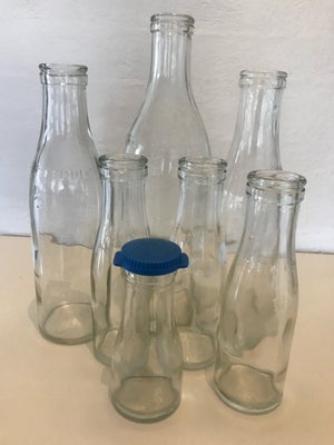 Flasker, 7 Gl. Mælkeflasker, 1 dl, 2dl, 1/2 l og 1 liter.