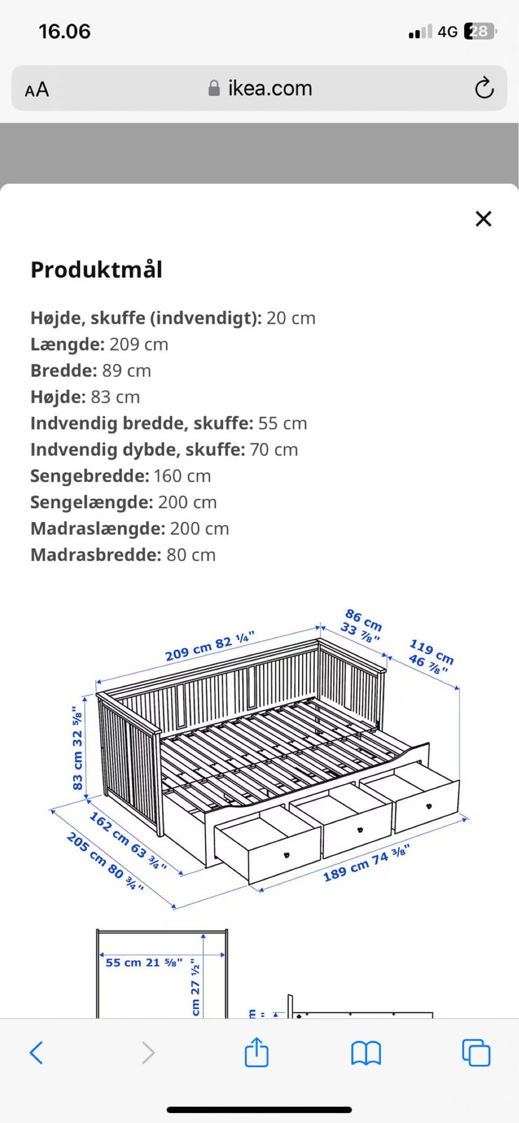 Sovesofa, Ikea Hemnes, b: 86 l: 209 h: 83